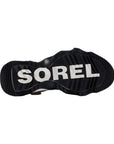 Black treaded outsole with white "Sorel" across bottom.