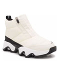 A white Puffy upper front Zip Ankle Boot with white midsole and a wave pattern rubber outsole.