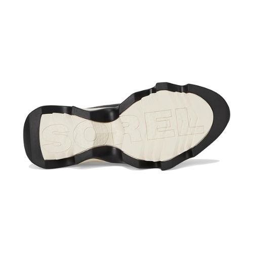 Black bordered white wavy tread outsole with "sorel" stamped across middle.