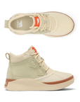Top and side views of beige Sorel Out N About IV Classic waterproof boots for women, designed with lace-up closure and rubber toe.