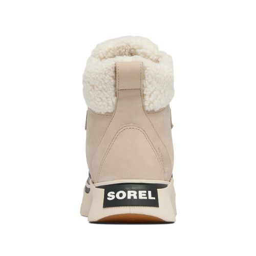 Heel of ankle duck boot with white cuff, heel pull tab, accent stitchign and Sorel logo on midsole above tan outsole.