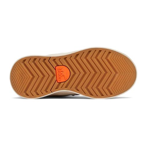 Tan zig-zag treaded outsole with orange Sorel logo in middle.