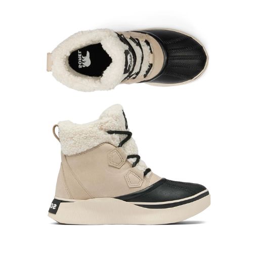 Pair of Ankle duck Boots in taupe with white fur cuffs and black laces.