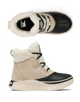 Pair of Ankle duck Boots in taupe with white fur cuffs and black laces.