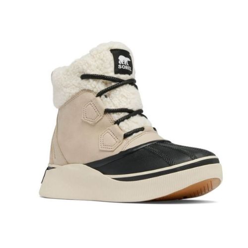 Ankle duck Boot in taupe with white fur cuffs and black laces.