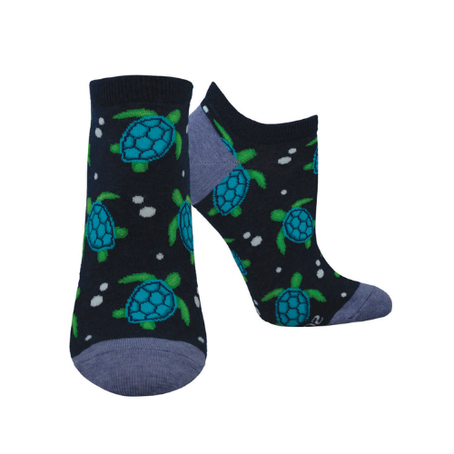 Dark Navy ankle socks with blue and green turtle pattern.