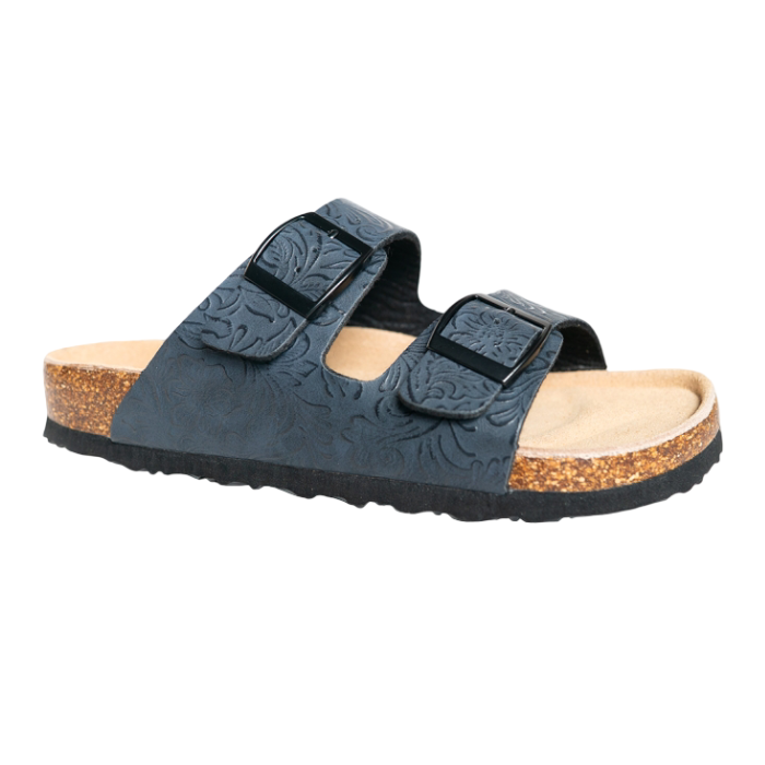 Two Strap Sandal in blue with embossed flowers, buckle straps, cork Viking Sandals logo'd footbed and black outsole.