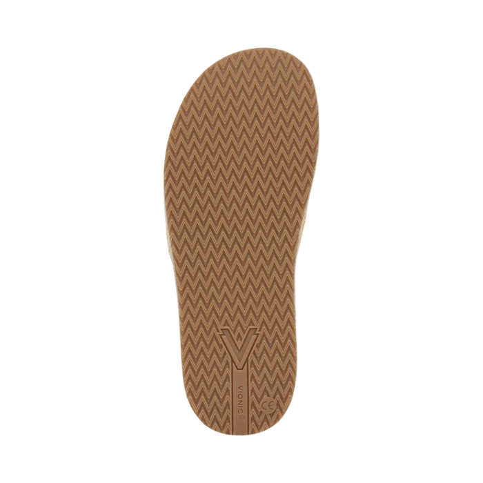 Brown outsole with zig-zag tread pattern and Vionic logo on heel.