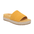 Amber yellow sueded slide espadrille sandal with Vionic logo'd tan footbed.