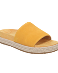 Amber yellow sueded slide espadrille sandal with Vionic logo'd tan footbed.