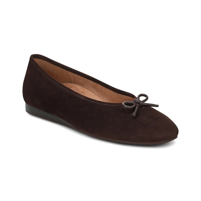 Chocolate suede ballet flat with small bow at toe.
