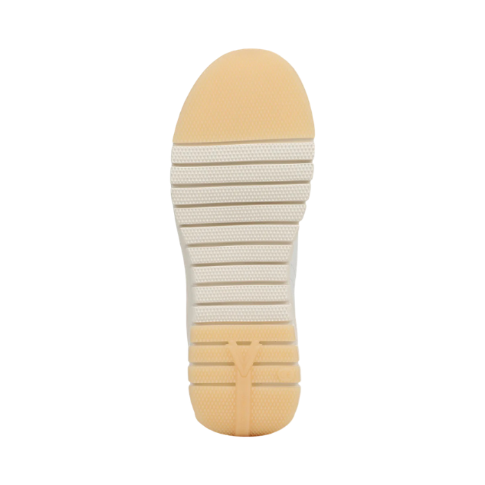 Beige and yellow outsole with flexible treaded pattern and Vionic logo on heel.