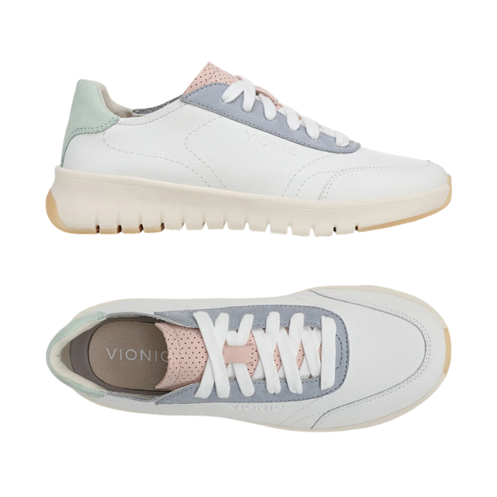Pair of White casual sneakers with accent stitching, pale pink, green and blue accents, tan Vionic logo'd footbed,  off-white midsole and light tan outsole.