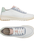 Pair of White casual sneakers with accent stitching, pale pink, green and blue accents, tan Vionic logo'd footbed,  off-white midsole and light tan outsole.