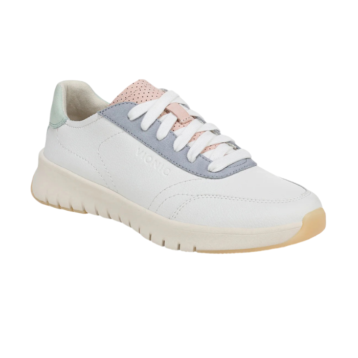 White casual sneaker with accent stitching, pale pink, green and blue accents, off-white midsole and light tan outsole.