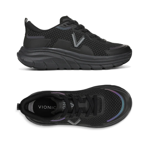 Pair of Black athletic shoe with "V" for Vionic logo on side, "Vionic" on black footbed, iridescent accents and black thick rubber outsole.