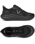 Pair of Black athletic shoe with "V" for Vionic logo on side, "Vionic" on black footbed, iridescent accents and black thick rubber outsole.