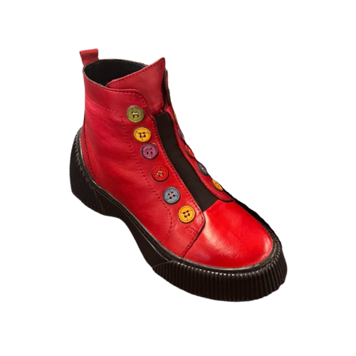 Red leather ankle boots with black platform outsole. Multi-coloured buttons run up front of boot.