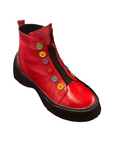Red leather ankle boots with black platform outsole. Multi-coloured buttons run up front of boot.
