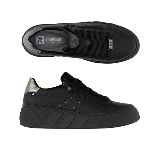 Pair of Black sneakers with a zipper, silver heel accent, grey Rieker logo'd outsole, and thick black outsole.