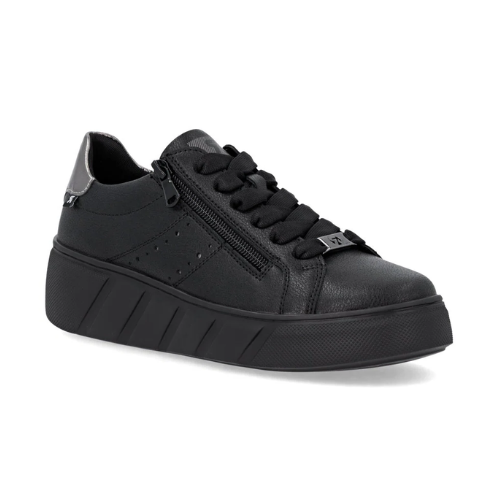 Black sneaker with a zipper, silver heel accent, thick black outsole.