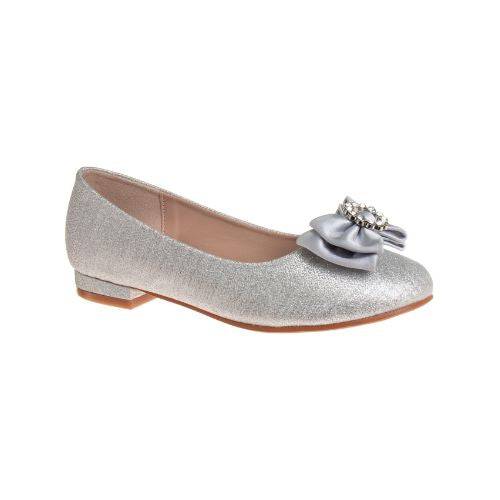 Silver ballet flat with durable textile upper, decorative bow, and gemstone accents. 