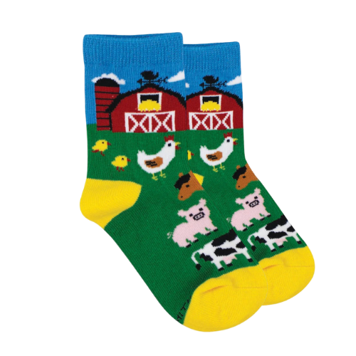 Children's socks with farm animal and barn design.