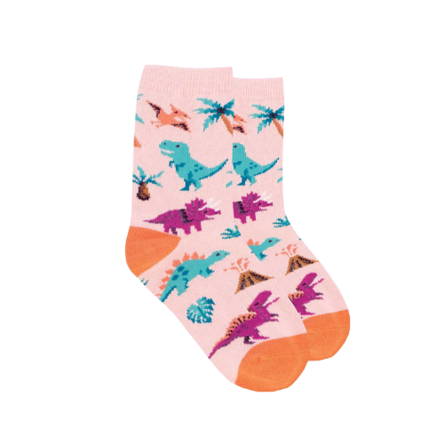 Pair of pink socks with dinosaur pattern and orange accents.
