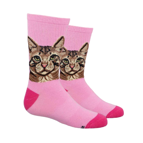Kid's pink socks with brown cat face on each with dark pink heel and toe cap.
