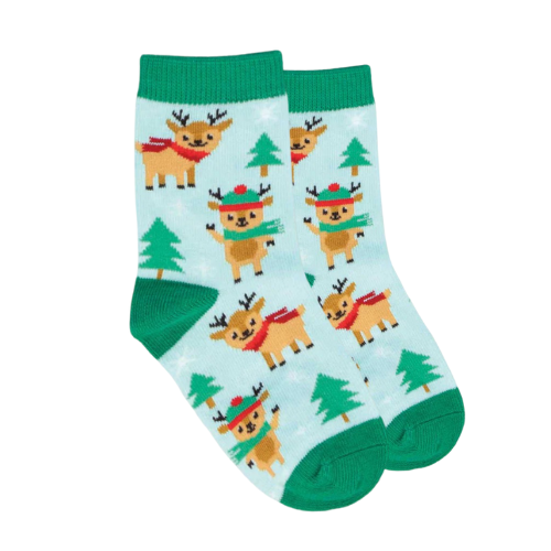 Children's blue socks with reindeer and Christmas tree pattern with dark green accents.