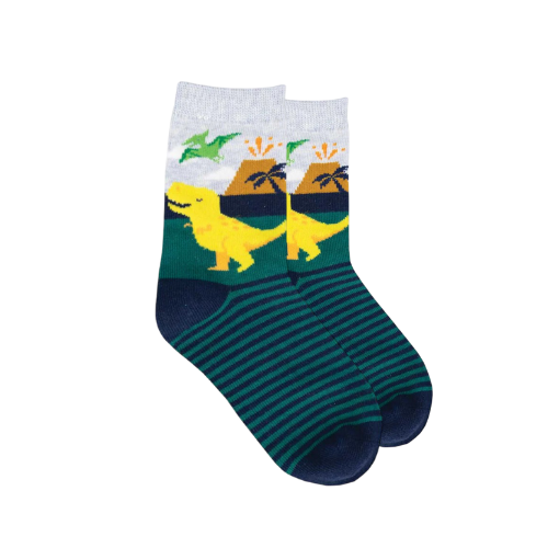 Kid's navy with green stripes socks with yellow t-rex, green pterodactyl, brown volcano pattern. 