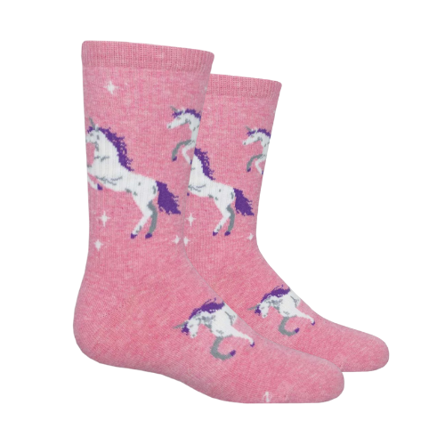 Pink socks with white unicorns with purple manes.