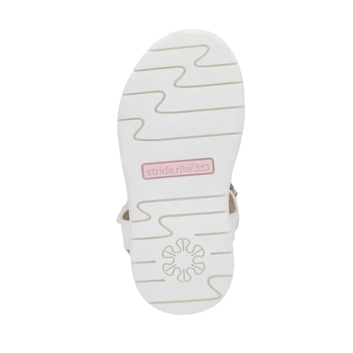 White light treaded outsole with zig-zag tread pattern and Stride Rite 360 logo stamped in pink.