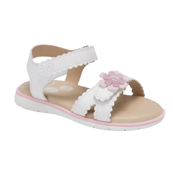 White kid's backstrap sandal with textured edges on straps, pink 3D flower on toe strap, tan footbed and white outsole.