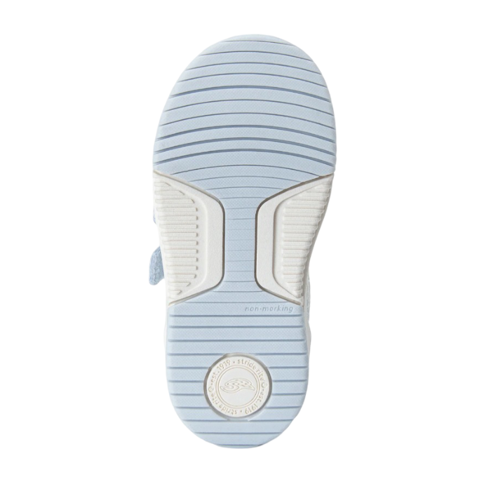 Light blue shoe outsole with white accents and Striderite logo'd heel.