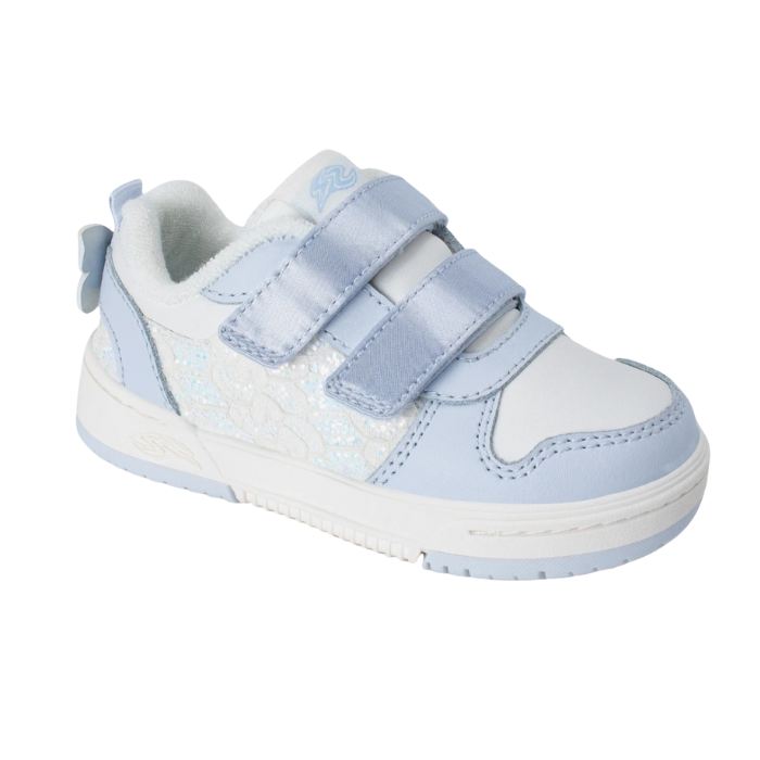 White and light blue children's shoe with velcro straps, 3D butterfly detail on heel and lace accents.