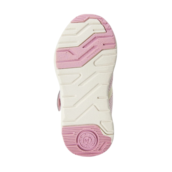 Pink and white outsole of kids sneaker with Stride Rite logo on heel.