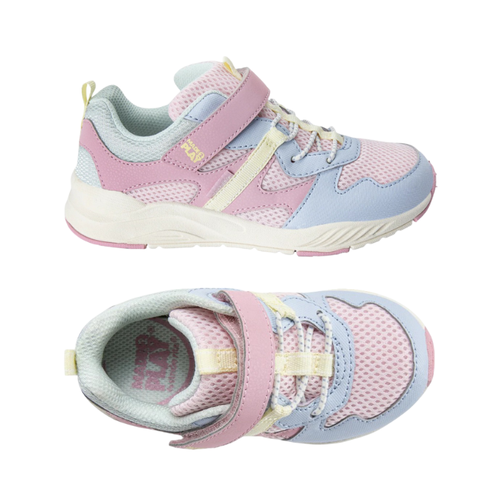 Pair of Pastel pink leather and mesh sneakers with blue, green and yellow accents, Velcro strap, faux elastic laces and white outsole.