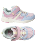 Pair of Pastel pink leather and mesh sneakers with blue, green and yellow accents, Velcro strap, faux elastic laces and white outsole.