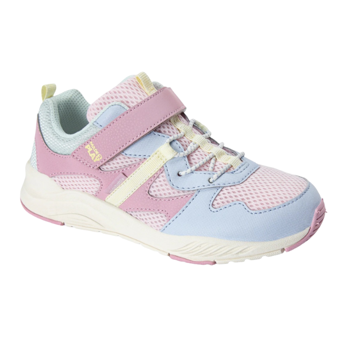 Pastel pink leather and mesh sneaker with blue, green and yellow accents, Velcro strap, faux elastic laces and white outsole.