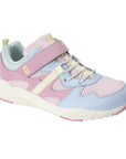 Pastel pink leather and mesh sneaker with blue, green and yellow accents, Velcro strap, faux elastic laces and white outsole.