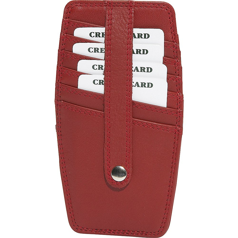 Red leather card holder with leather strap with dome closure