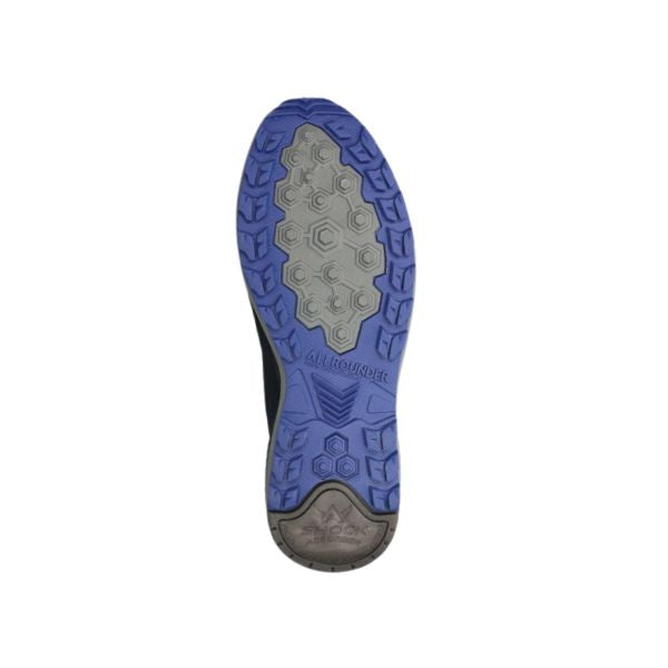Blue and grey outsole with Allrounder logo in middle.