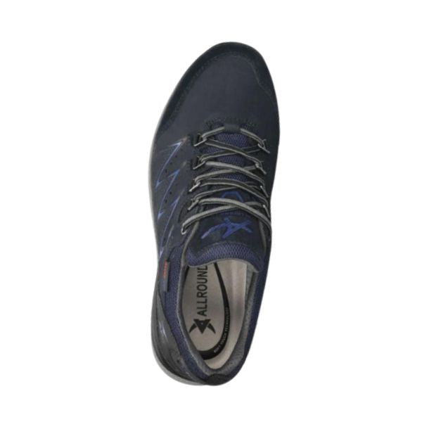 Navy blue lace up sneaker with Allrounder branding on grey insole.