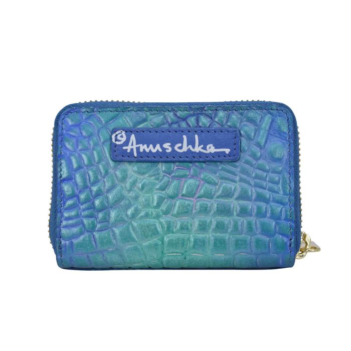 Croco embossed turquoise leather cardholder. Has gold zipper closure. Rear exterior features Anuschka branding.