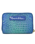 Croco embossed turquoise leather cardholder. Has gold zipper closure. Rear exterior features Anuschka branding.