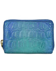 Croco embossed turquoise Anuschka leather cardholder. Has gold zipper closure.