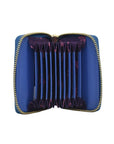 Open view of Anuschka's blue accordion style wallet showing card compartments.