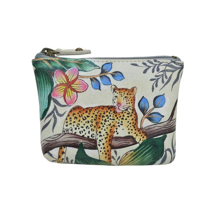 Beige leather coin purse with hand painted design depicting a leopard amongst florals.