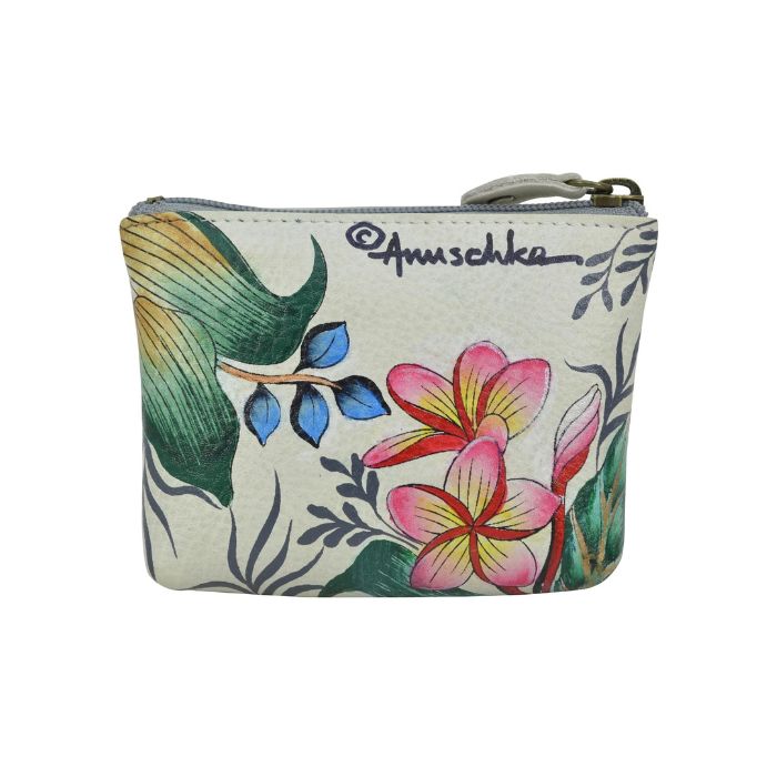 Rear exterior of beige leather coin purse with hand painted floral design. It has a zippered closure and Anuschka branding.